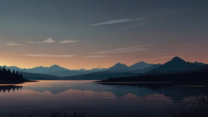 Fototapeta premium a sunset over a field with trees and mountains a painting of a mountain landscape with mountains in the background