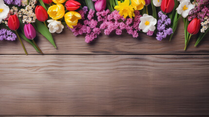 Obraz na płótnie Canvas Purple tulip bouquet over wooden table with copy space