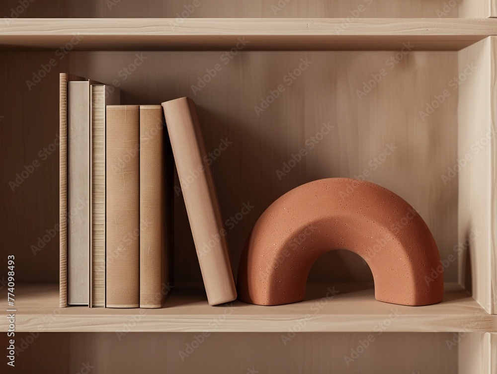 Poster minimalist bookshelf decor with terracotta arch and neatly arranged books in a soft neutral palette.