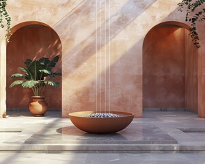 Minimalist terracotta bowl in a serene courtyard with arches and a verdant potted plant in sunlight.