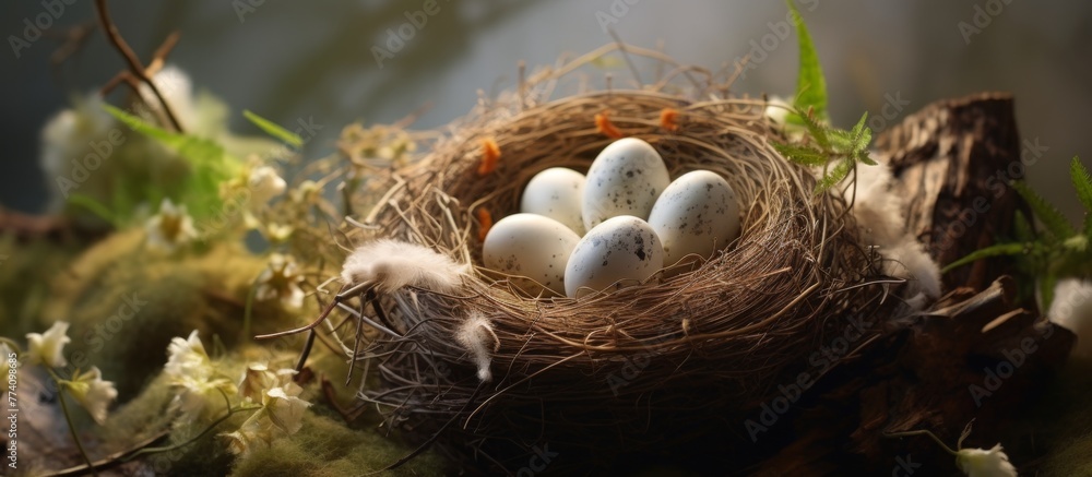 Poster nest on a tree branch contains four eggs. the eggs are nestled securely in the cozy nest situated on