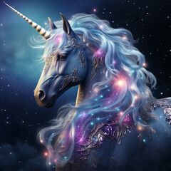 A fantastical portrayal of a majestic unicorn with a glowing mane against a starry night sky