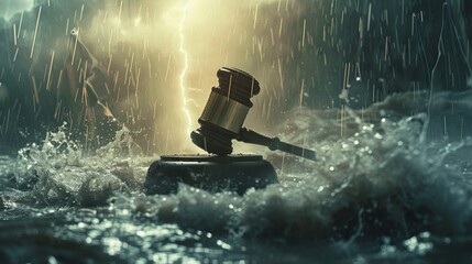A gavel striking down amidst a storm, illustrating the power of law. - obrazy, fototapety, plakaty