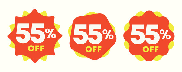 55% off. Special offer sticker, label, tag. Value discount poster, price. Shapes in yellow and red. Promo, discount, sale, store, retail, mall. Icon, vector