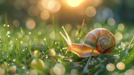 A close-up image capturing the delicate beauty of a garden snail bathed in the warm glow of morning sunlight, showcasing nature's splendor