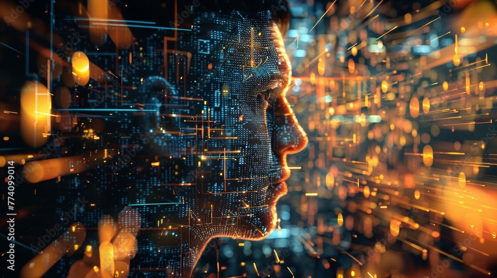 Poster digital human profile with neural network overlay illustrating artificial intelligence concept.