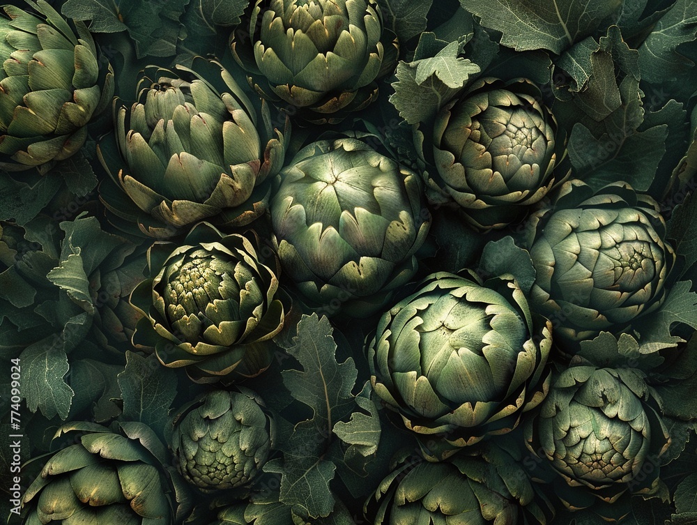 Poster artistic rendering of artichokes in a dark foliage setting creating a lush botanical scene.
