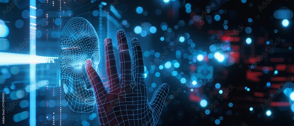 Poster conceptual technology image with a hand reaching towards a glowing digital face profile.