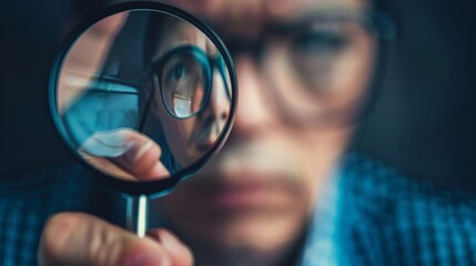 Close-up of a person peering through a magnifying glass suggesting scrutiny and analysis. - obrazy, fototapety, plakaty