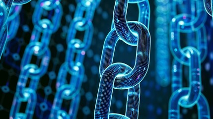 Digital blockchain concept with shining blue chains and binary code.