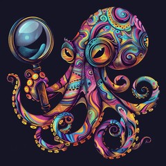 Bumbling detective octopus, magnifying glass in tentacle In style of colorful grotesques, bold color, character design, perfect for classic tattoo motifs or design for t-shirt pattern - obrazy, fototapety, plakaty