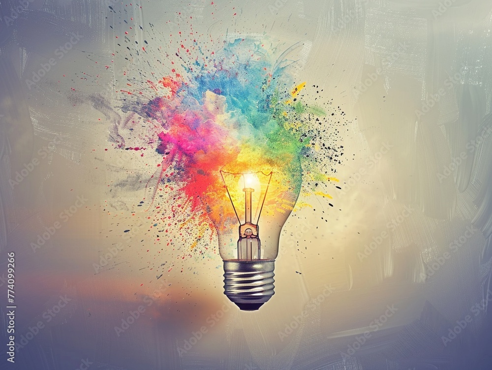 Poster creative concept of a light bulb with explosive colorful dispersion representing innovation.