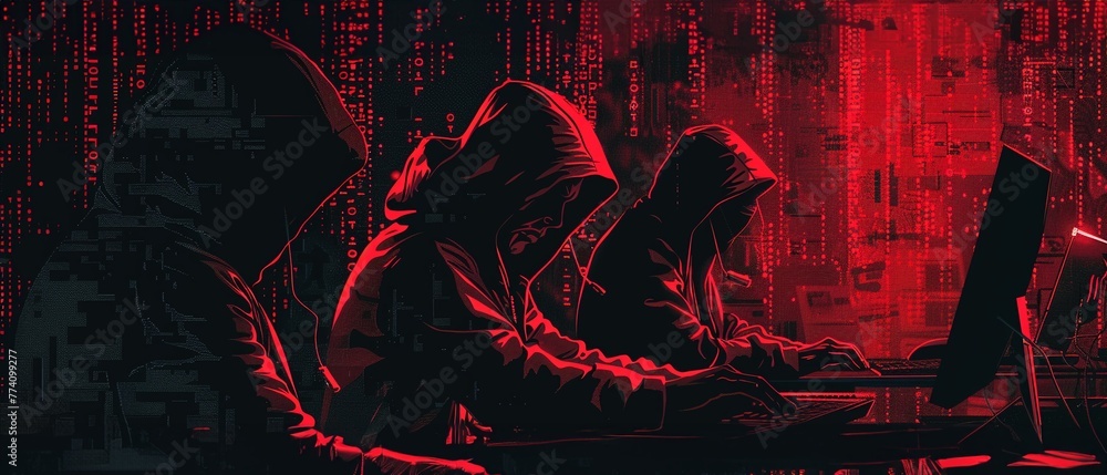 Poster hooded figures in front of a computer screen with a red ominous glow indicating cyber threat.