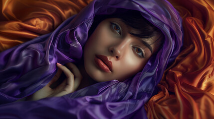 A mysterious and opulent image of very beautiful young woman, featuring a hand holding a rich purple and orange satin fabric in deep hues