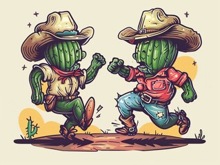 Cowboy cactus dueling at high noon, spurs and all In style of colorful grotesques, bold color, character design, perfect for classic tattoo motifs or design for t-shirt pattern - obrazy, fototapety, plakaty