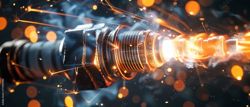 Poster dynamic depiction of a spark plug igniting with intense energy and electrical current.