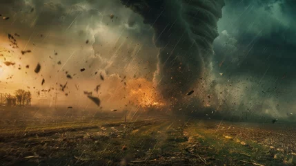 Foto op Canvas A powerful tornado in a rural area, pulling debris into its vortex with dark storm clouds overhead and a visibly strong wind. © Moopingz