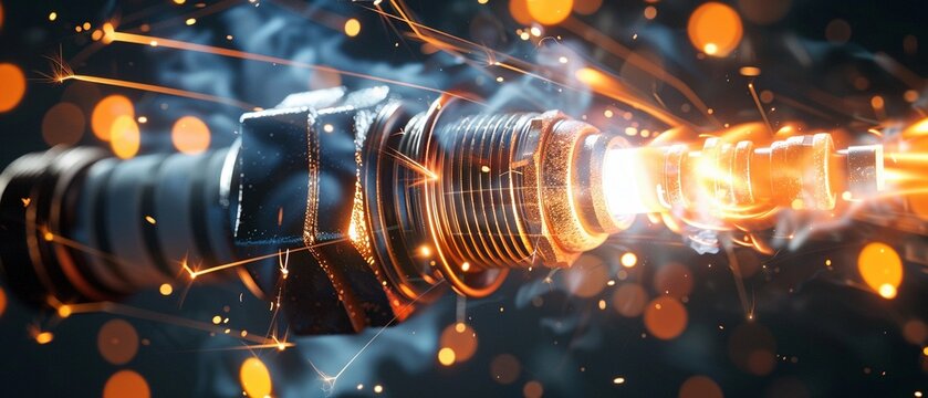 Dynamic depiction of a spark plug igniting with intense energy and electrical current.