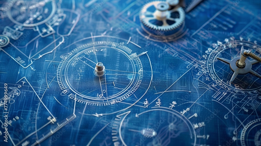 Poster complex blueprint design with visible gears and cogs in technical drawing style, detailing mechanics