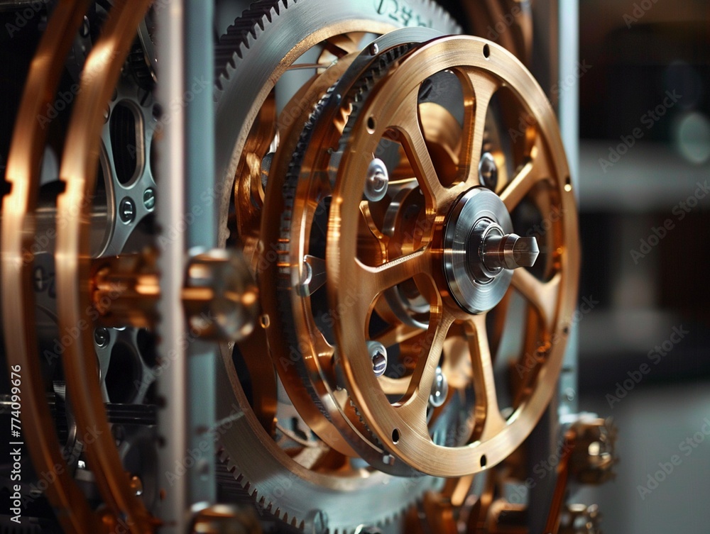 Poster intricate clockwork mechanism revealing gears and cogs made of gold in a close-up view.