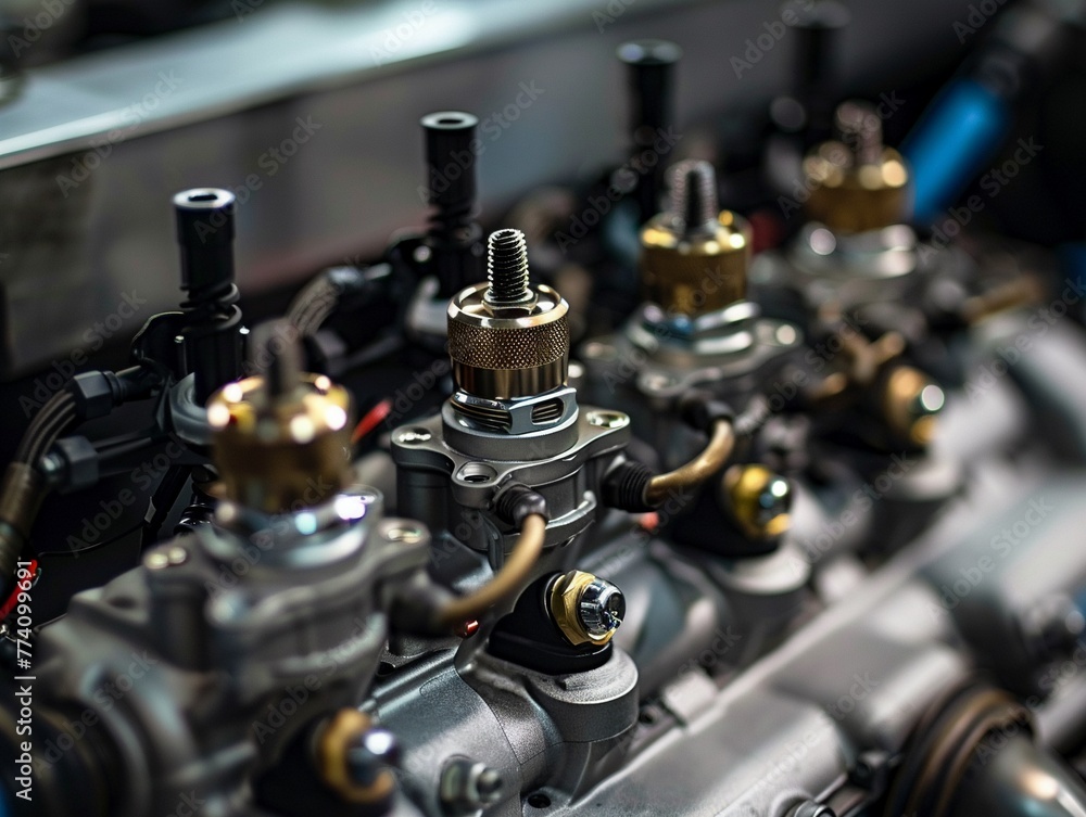 Poster close-up of precision engine parts showcasing valves and mechanisms in a high-performance vehicle.