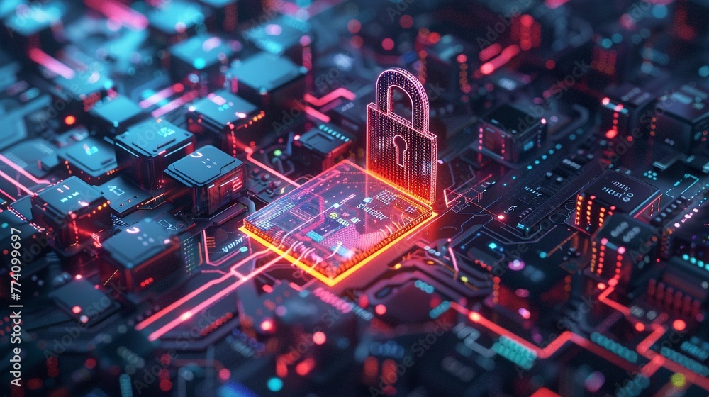 Poster futuristic encryption technology securing digital data, vibrant 3d render