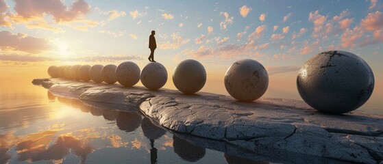 Surreal landscape with a line of progressively larger spheres leading to a solitary figure at sunrise.
