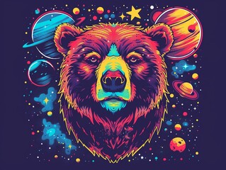 Intergalactic space bear, floating among stars and planets In style of colorful grotesques, bold color, character design, perfect for classic tattoo motifs or design for t-shirt pattern - obrazy, fototapety, plakaty