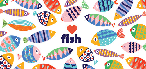 Cute retro colorful cartoon illustration with  fish on white background. Vector illustration. Poster. - obrazy, fototapety, plakaty