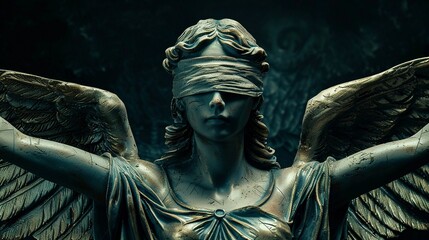 Lady Justices blindfold transforming into wings, symbolizing the freedom of fairness - obrazy, fototapety, plakaty