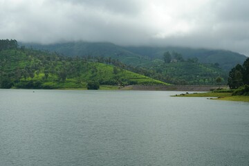 Lake near a lush green hillside with trees