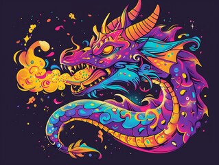 Playful dragon breathing confetti flames, a party animal In style of colorful grotesques, bold color, character design, perfect for classic tattoo motifs or design for t-shirt pattern - obrazy, fototapety, plakaty