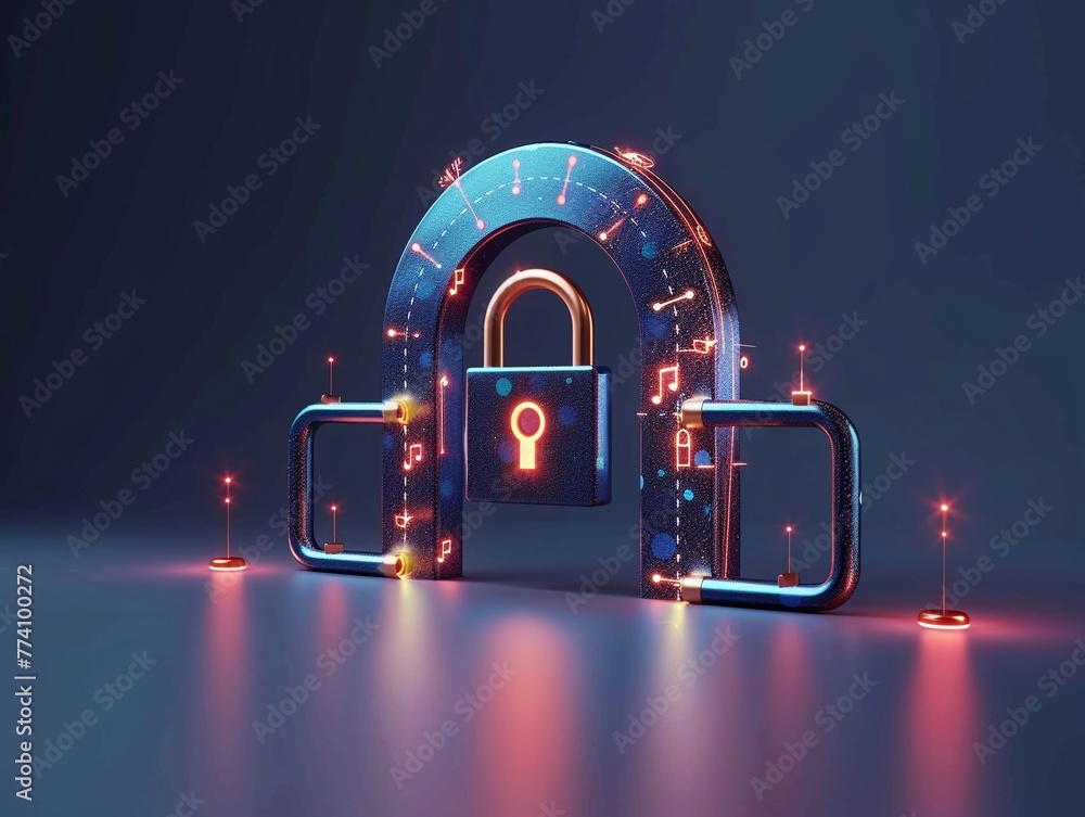 Poster futuristic security gateway with padlock symbols, cybersecurity concept.