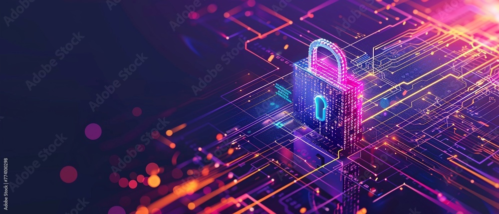 Poster cybersecurity concept with a digital padlock on a virtual network circuit.