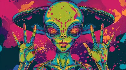 Quirky alien offering peace, in a spaceship of colors In style of colorful grotesques, bold color, character design, perfect for classic tattoo motifs or design for t-shirt pattern