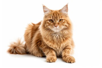 Fototapeta premium KS cute ginger cat sitting on the floor against a white.