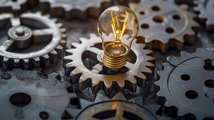 Fototapeta na wymiar Concept of innovation with a light bulb on gear mechanism, ideas and industry.