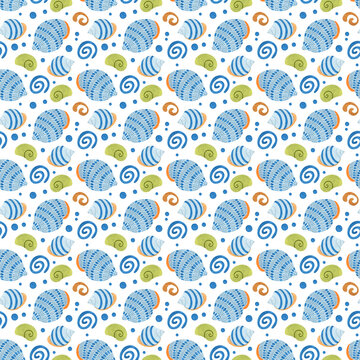 Seashells watercolor seamless pattern, sea background.