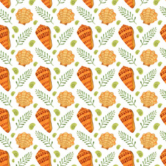 Seashells watercolor seamless pattern, sea background.