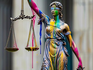 Naklejka premium The statue of Lady Justice, her scales dripping with paint, coloring the world with justice