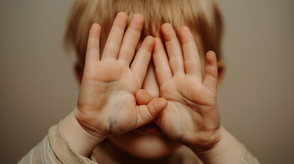 A little child defends himself with covers his face with his hands. Stop violence against and sexual abuse children.