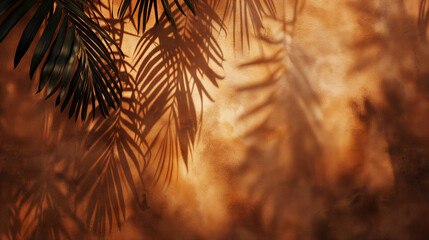 Smooth stucco leather wall with soft foliage dappled light of tropical tree leaf shadow. Abstract background with shadows of plants. ai generated