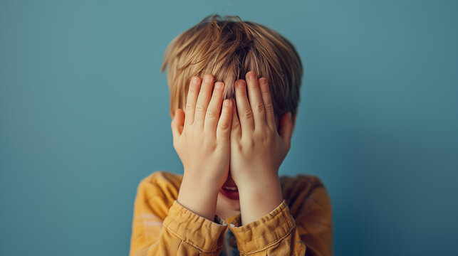 A little child defends himself with covers his face with his hands. Stop violence against and sexual abuse children.
