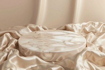 A marble podium adorned with satin fabric on top, creating an elegant display