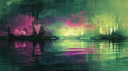 Obra de arte abstracta con efecto de error digital de pantalla glitch VHS, con colores verde y morado.






