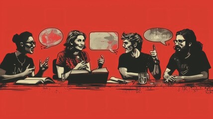 A group of individuals participating in lively conversation around a table, some clutching a book and making expressive gestures.
