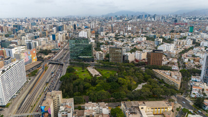 Aerial Drone view of Lima the capital city of Peru skyline, Mireflores Barranco morning traffic south america