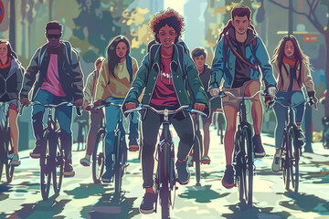Grupo de jóvenes tomando un paseo en bicicleta por la ciudad - obrazy, fototapety, plakaty