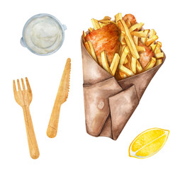 Fried fish and potato in a paper cone. Watercolor illustration