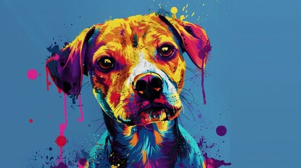 A A pop art portrait of a dog with an explosion of vibrant colors and paint drips on a blue...